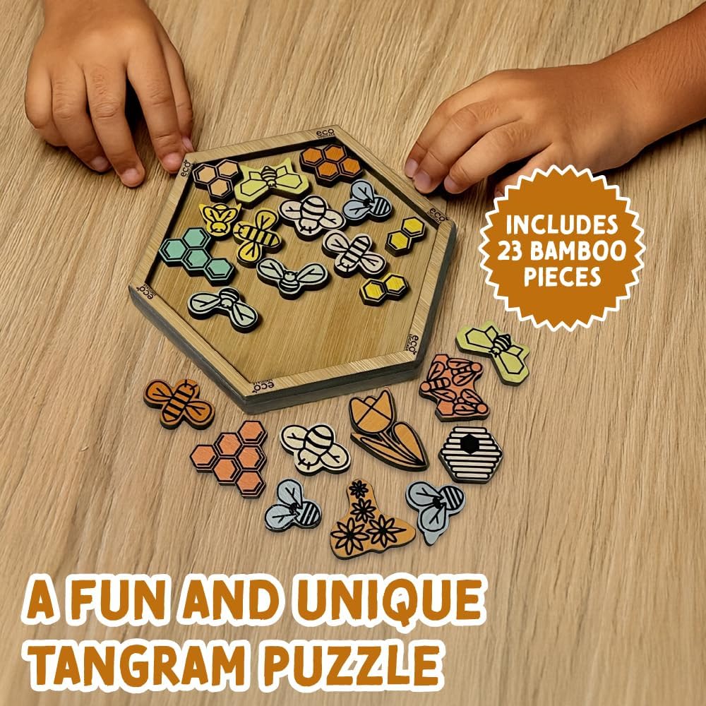 Bumble Jumble Tangram Puzzle, 23-Piece Wooden Brain Teaser, Eco Bamboo Hive Pack It in for Adults & Kids, Logic Desk Game & Quick Thinking Challenge