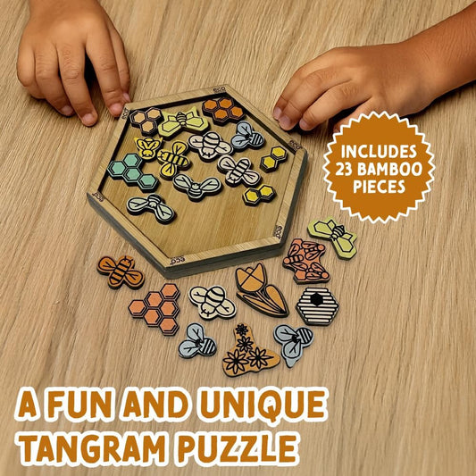 Bumble Jumble Tangram Puzzle, 23-Piece Wooden Brain Teaser, Eco Bamboo Hive Pack It in for Adults & Kids, Logic Desk Game & Quick Thinking Challenge