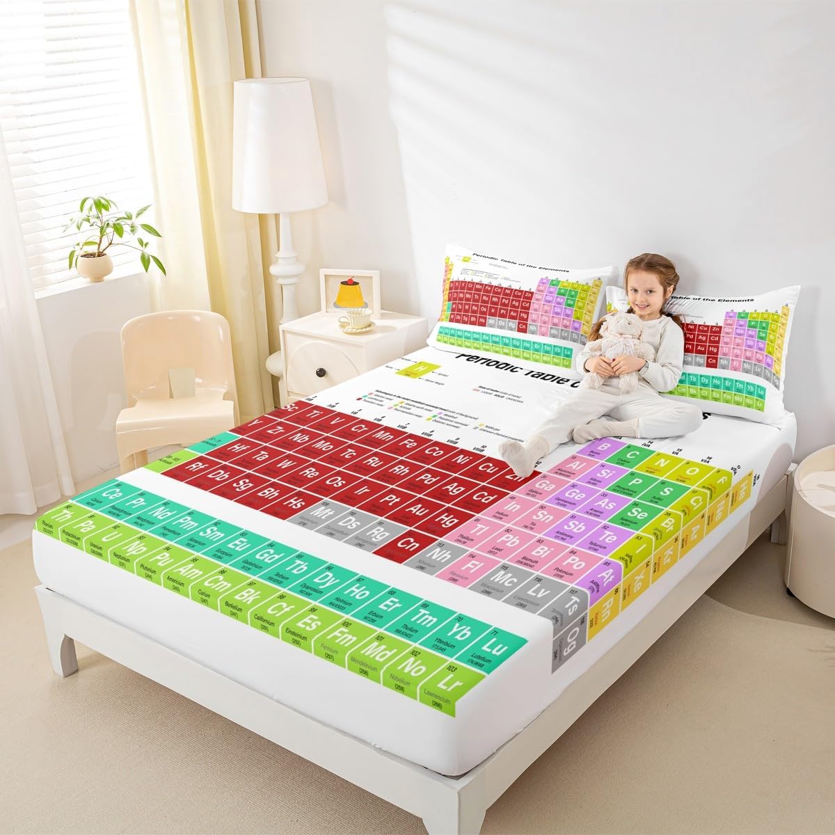 Kids Periodic Table of Elements Bed Sheet Set Educational Fitted Sheet for Kids Boys Girls Teens Study Bedding Set Chemistry Bed Cover 2Pcs Twin Size