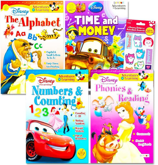 Disney Princess Workbooks Super Set Kindergarten First Grade - Bundle of 4 Workbooks with Reward Stickers Alphabet, Reading, Time, Money, Phonics, and More