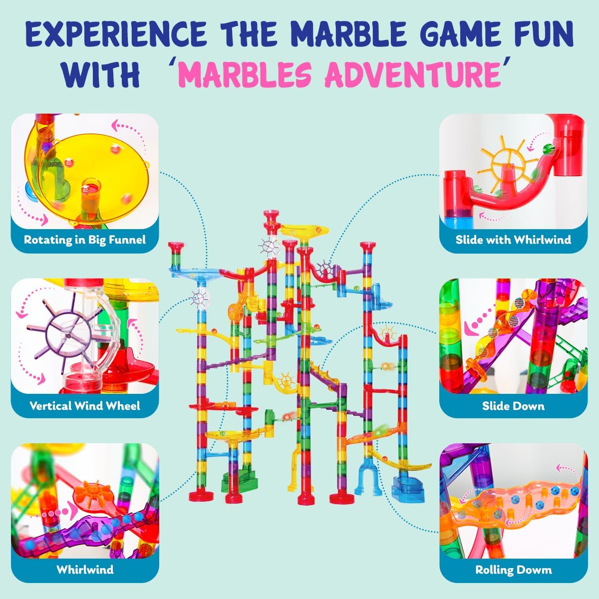 Meland Marble Run - 132Pcs Marble Maze Game Building Toy for Kid, Marble Track Race Set & STEM Learning Toys for Boy Girl Age 3 4 5 6 7 8 9+ (102 Translucent Marbulous Pcs & 30 Glass Marbles)