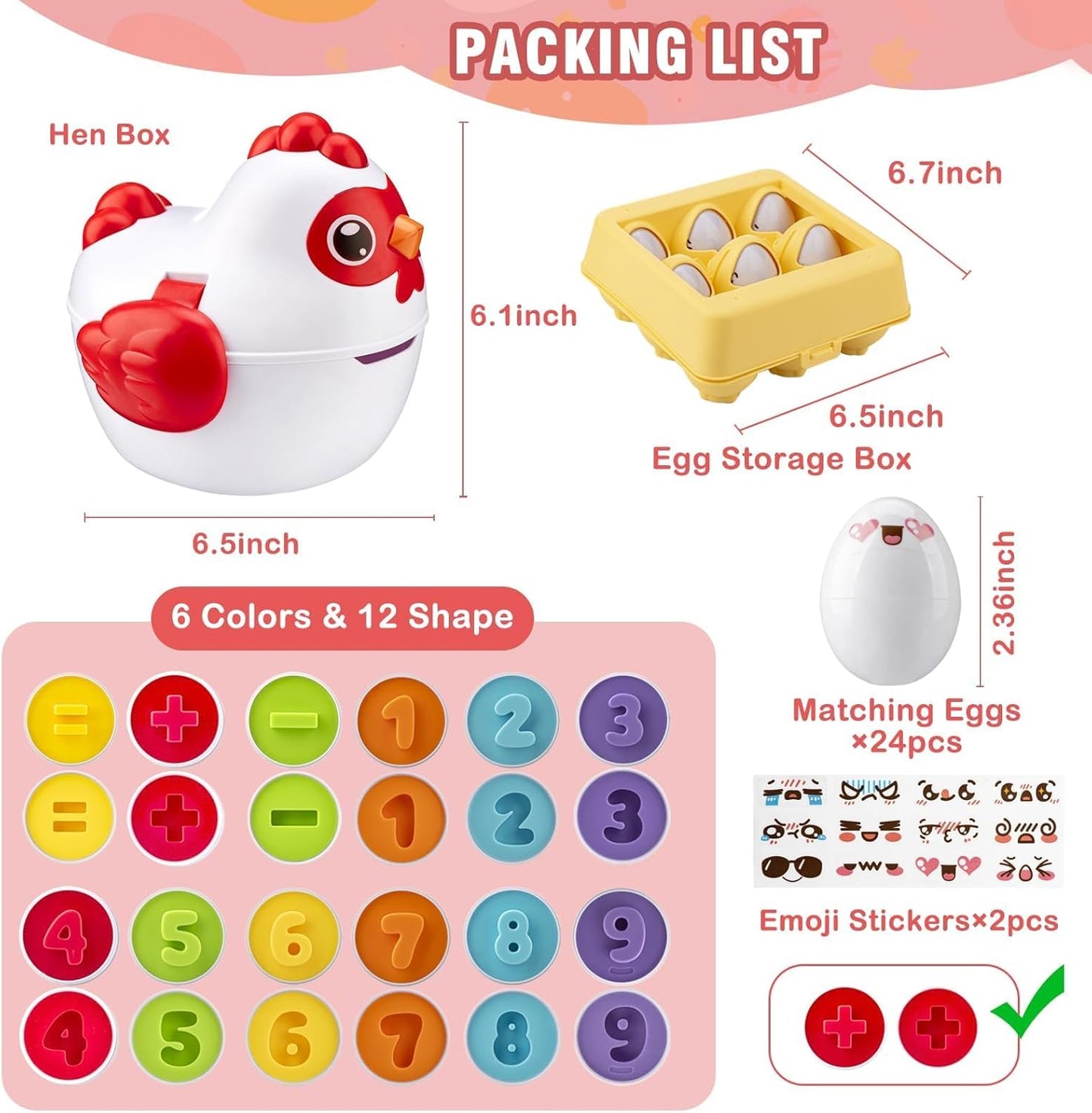 VROGTIK Easter Egg Matching Game, 24-Piece Easter Basket Stuffers for Kids, Color Shape Number Recognition Educational Toddler Toys, Chicken Storage Box Preschool Learning Toy for Boys Girls