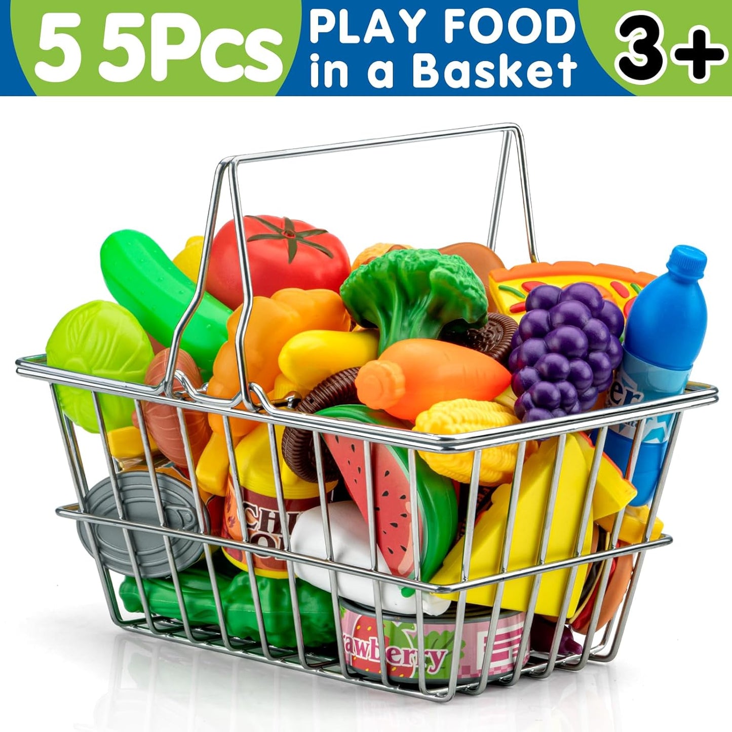 55 Pcs Grocery Store Pretend Play Food Set with Shopping Basket for Kids Toddlers 1-3 4-8, Kids Play Kitchen Accessories Plastic Fake Food Fruits and Vegetables Can Toy Gifts for Boys Girls