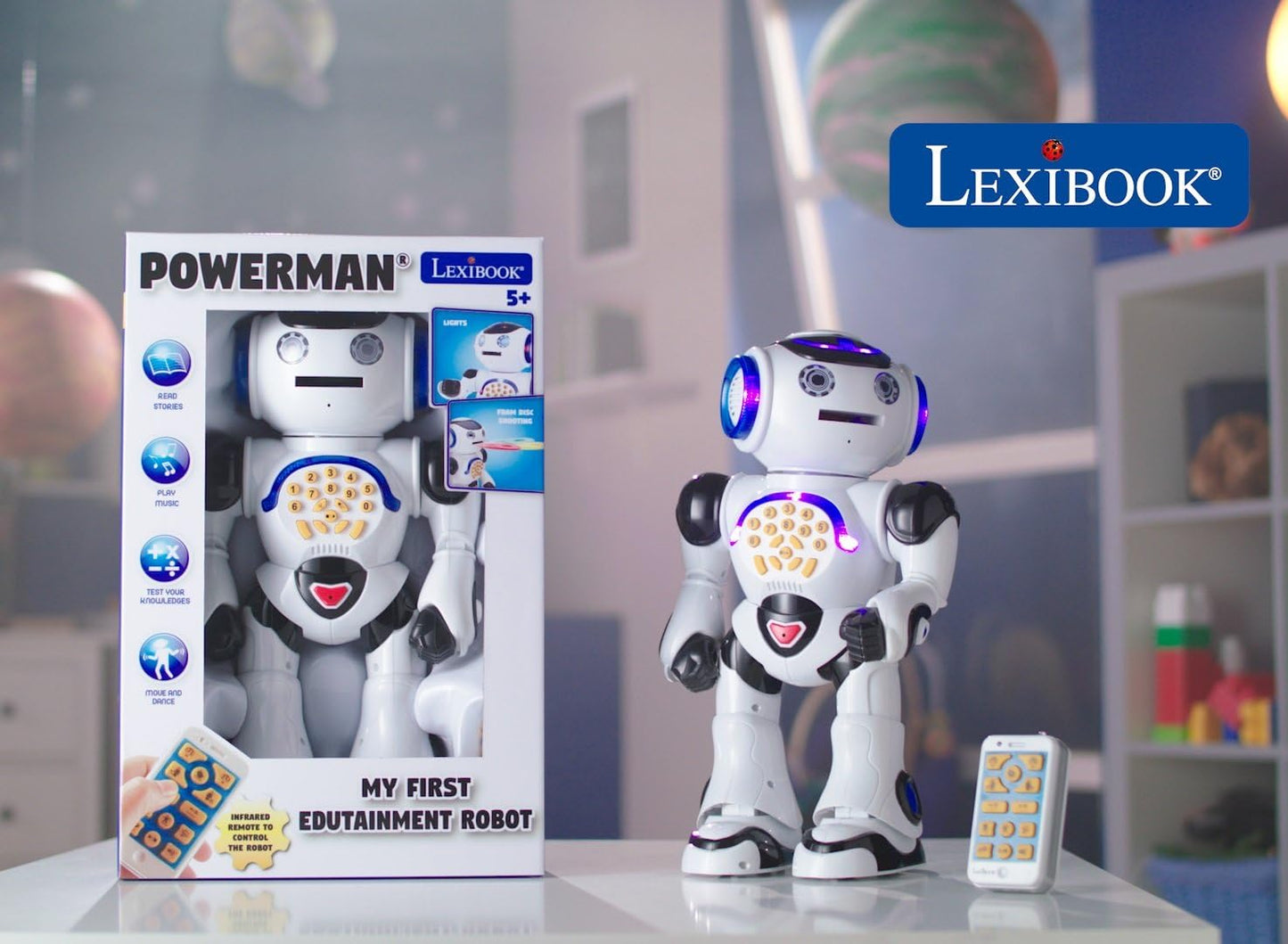 LEXiBOOK, Powerman Neo, My Robot Full of Technology, Remote Control and Gesture Control, Educational Activities in English, Programmable, Music and Dance, Sound and Light Effects, Blue/White, ROB18EN