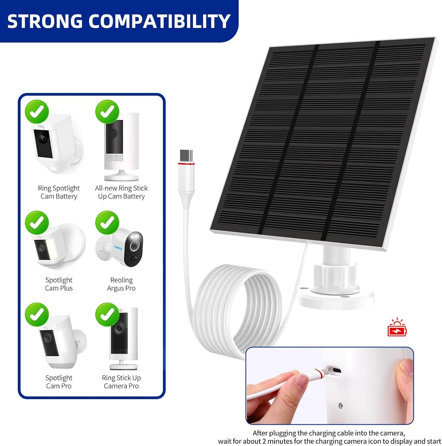 Solar Panels for Ring Camera Outdoor (New Generation) 5W 5V Solar Panel Charger with USB-C&Plug for Spotlight Cam Plus&Stick Up Cam Pro.Waterproof IP65 360°Adjustable 2M Cable (Black, 1)