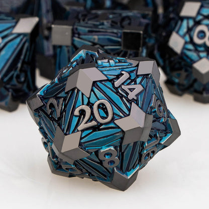 7PCS Metal DND Dice Set with Box, Debris RPG Blue White D and D Dice for D&D Tabletop Games Role Playing Game Polyhedral Dice Set D20 D12 D10 D8 D6 D4