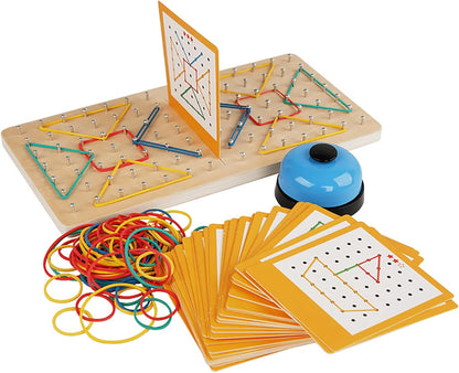 Wooden Geoboard Montessori Toy - Graphical Math Learning Tool for Preschoolers 3-5 Years Old, Comes with Pattern Cards and Rubber Bands to Build Shapes and Figures, Kids Educational Toys
