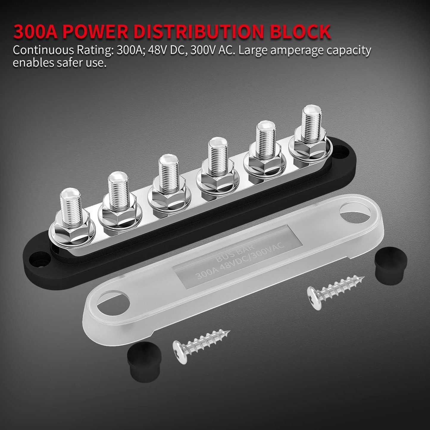 DaierTek 300A Copper Bus Bar 12V, Power Distribution Block with Cover 3 x 3/8” M10 Studs & 10 x M5 Terminal Screws for Car Marine Solar Battery Negative & Positive