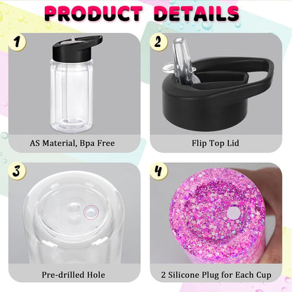 10 Oz Plastic Kids Snowglobe Tumbler with Pre-Drilled Hole and Plug, 6 Pack Double Wall Acrylic Snowglobe Cup for Glitter, Black