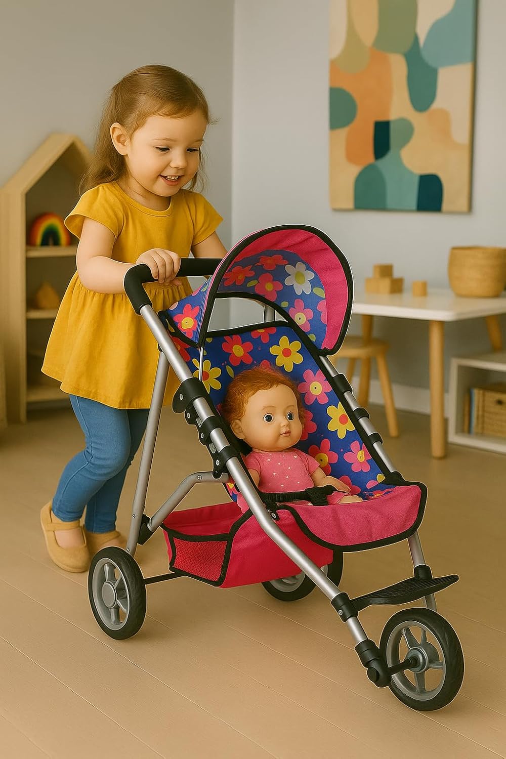 Fash N Kolor - Baby Doll Stroller with Adjustable Canopy & Toy Storage Basket - Foldable Baby Stroller for Pretend Play - Denim Pink,