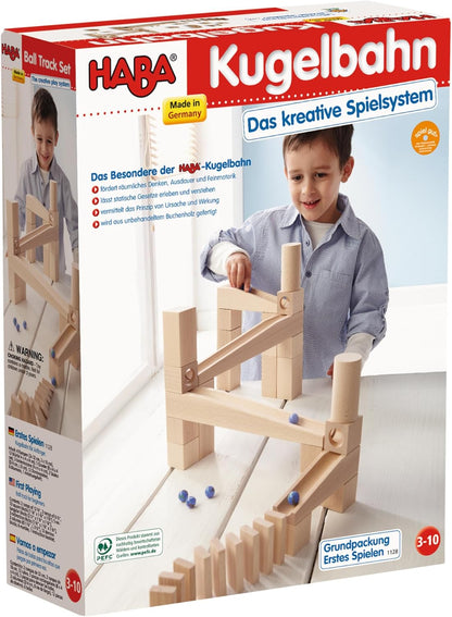 HABA Wooden Marble Run Ball Track Building Set for 4-10 Year Olds, STEM Toy with 49-Piece Wooden Track and Marbles, Montessori Toys for 4 Year Olds