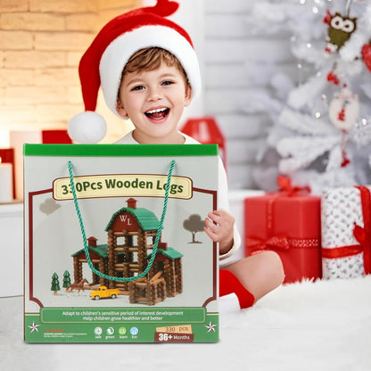 Wondertoys 208 Pcs Wooden Log Set - Classic Building Logs Ages 3+ - Best Retro Building Gift Set for Boys - Creative Construction Engineering Educational Gifts