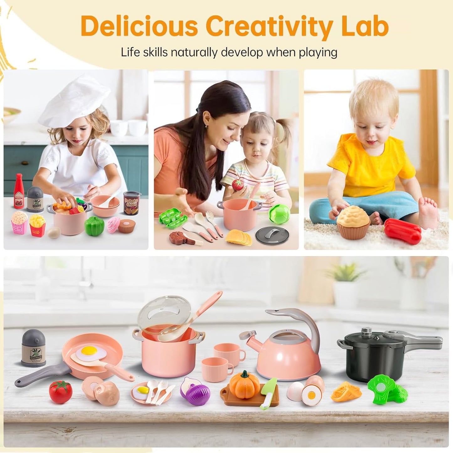 130Pcs Kitchen Playset, Toddler Pretend Cooking Play Pots, Pans, Utensils Cookware, Daily Food Fruit Veges, Shopping Storage Basket, Dessert, Prop Money, Learning Gift for Child (Pink)