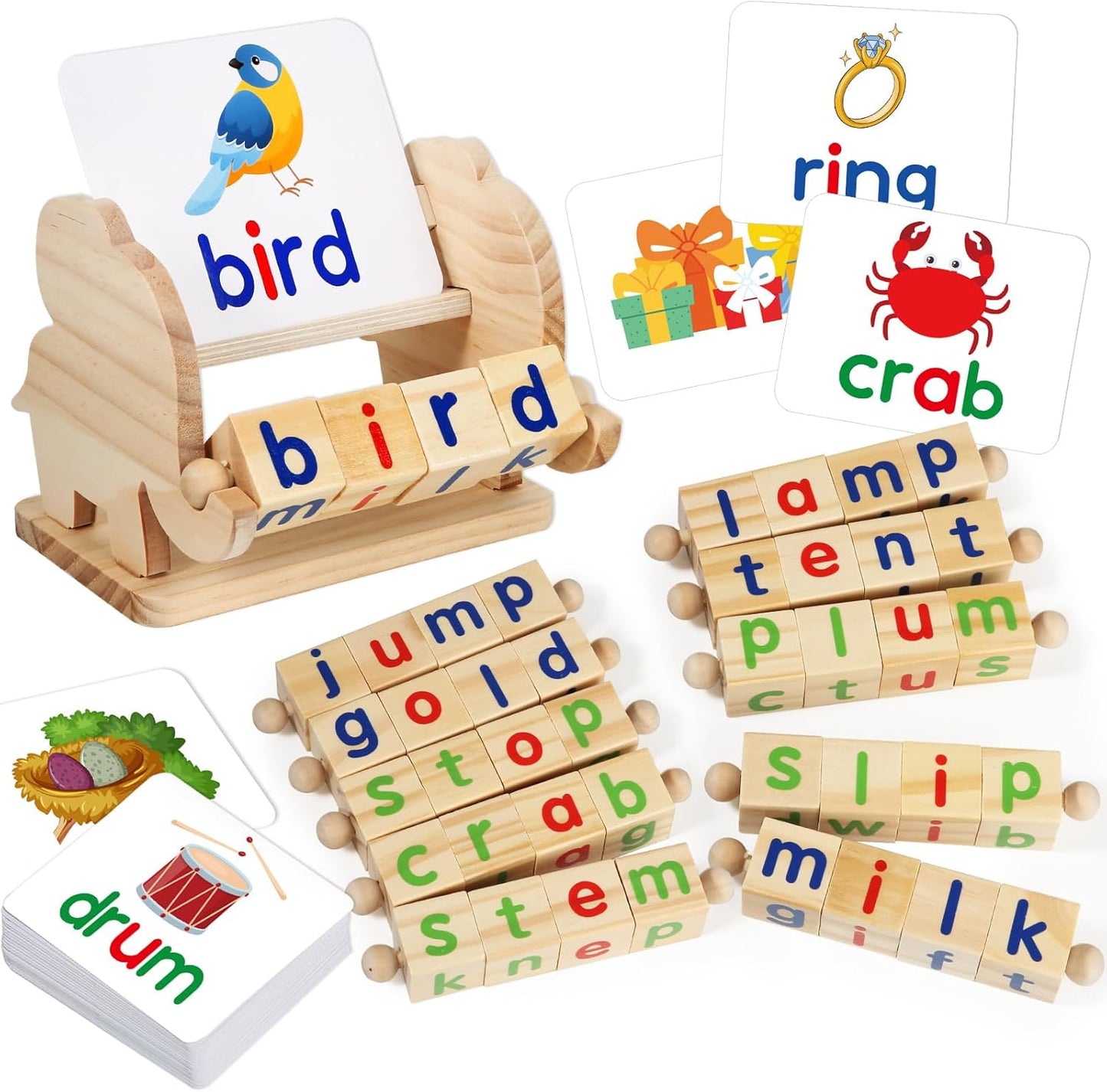 ShyLizard Montessori Learning and Educational Toys Gifts for Kids 3 4 5 Years, Wooden Reading Blocks Toys, Learning Activities for Preschool Kindergarten, Turning Rotating Matching Flash Card Games