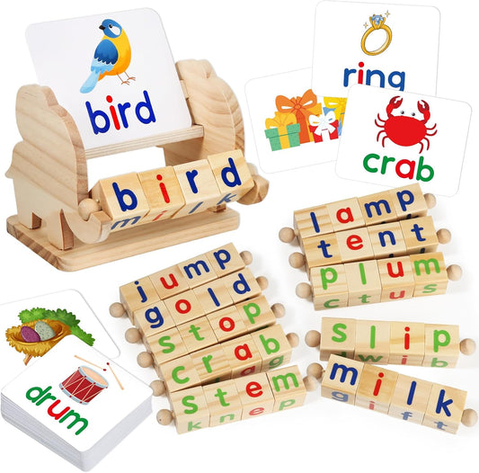 ShyLizard Montessori Learning and Educational Toys Gifts for Kids 3 4 5 Years, Wooden Reading Blocks Toys, Learning Activities for Preschool Kindergarten, Turning Rotating Matching Flash Card Games
