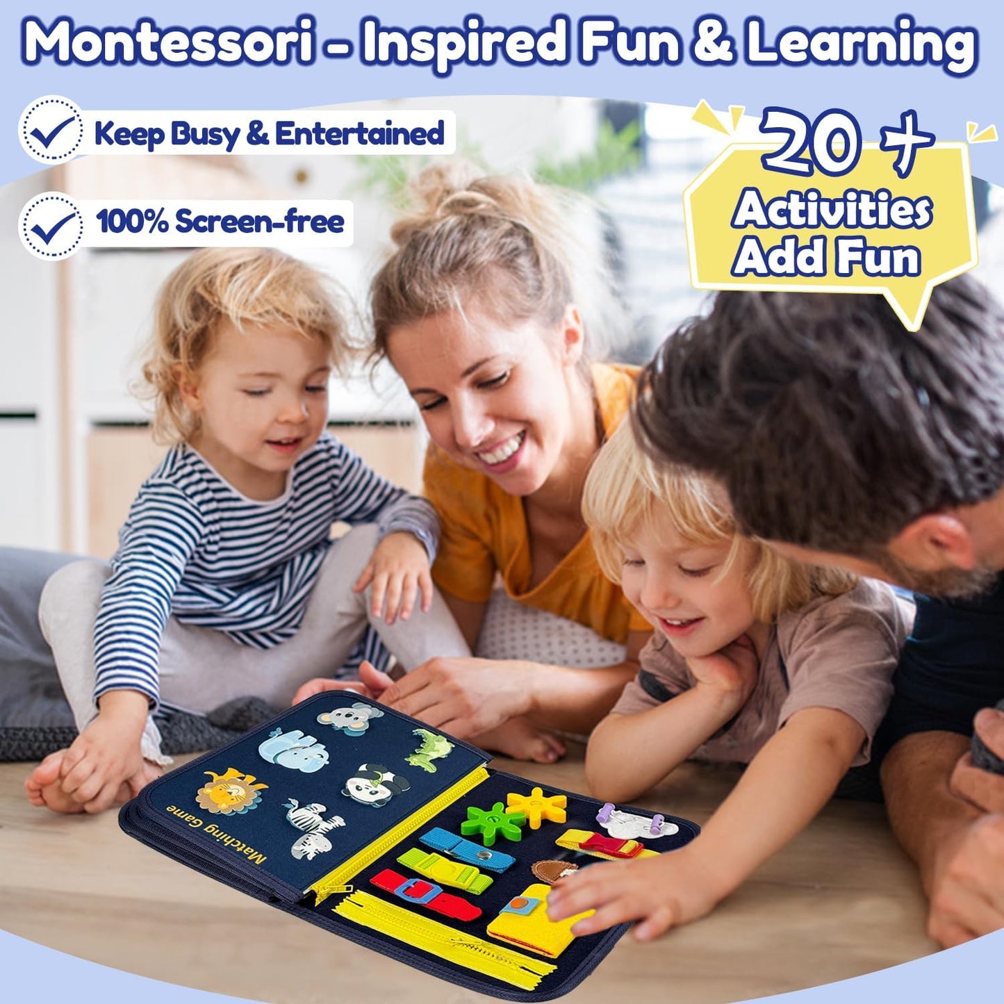 Qizfun Montessori Busy Board & Busy Book for Toddlers – Sensory & Learning Toy That Keeps Kids Busy, Travel Toy for Airplane & Car, Screen for Boys & Girls (Blue/P4)