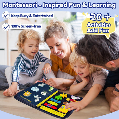 Qizfun Montessori Busy Board & Busy Book for Toddlers – Sensory & Learning Toy That Keeps Kids Busy, Travel Toy for Airplane & Car, Screen for Boys & Girls (Blue/P4)
