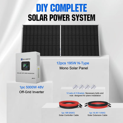 ECO-WORTHY 5KW Off Grid Solar System Complete Kit 12PCS 195W Mono Solar Panel (2340W) +1 * 48V 5KW Off-Grid Inverter + 1 * 51.2V 100Ah Server Rack Whole House Storage LiFePO4 Lithium Battery