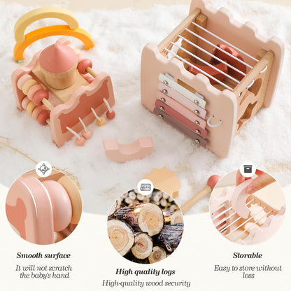 Youuys Wooden Activity Cube 9-in-1 Montessori Toys for 3+ Year Old Boys & Girls, Multipurpose Educational Sensory Learning Toys for Baby Toddlers with Mirror, First Birthday Gift (Castle)