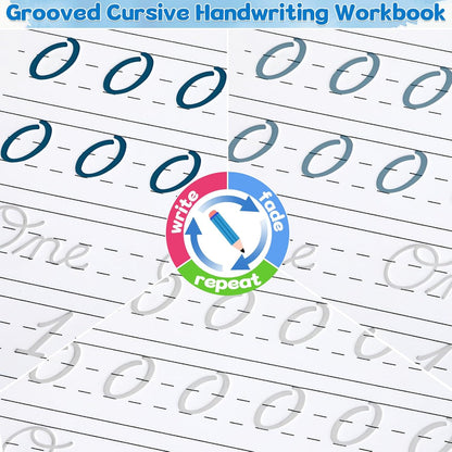 chiazllta Grooved Cursive Handwriting Workbook with Disappearing Ink Pens Magic Reusable Grooved Cursive Writing Practice for Beginners Kids Kickoff Student Workbook Homeschooling Supplies (Letters)