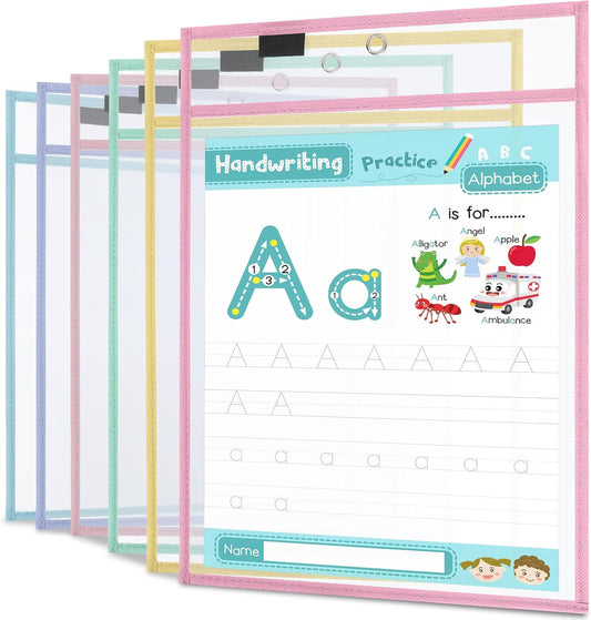 12 Pack Dry Erase Pockets 6 Assorted Colors 8.5 x 11 Inch Clear Plastic Sheet Protectors Dry Erase Pocket Sleeves Teacher School Office Supplies (Vintage)