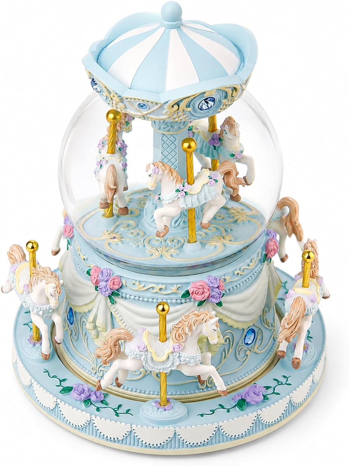 Blue Carousel Snow Globe Music Box with LED Lights, Rotating Horse Merry Go Round with Glitter Snowfall, Wind Up Musical Snow Globe Plays Over the Rainbow, Gift for Daughter Granddaughter Women