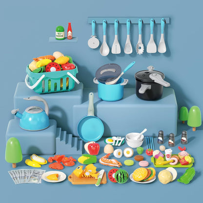 130Pcs Kitchen Playset, Toddler Pretend Cooking Play Pots, Pans, Utensils Cookware, Daily Food Fruit Veges, Shopping Storage Basket, Dessert, Prop Money, Learning Gift for Child (Pink)