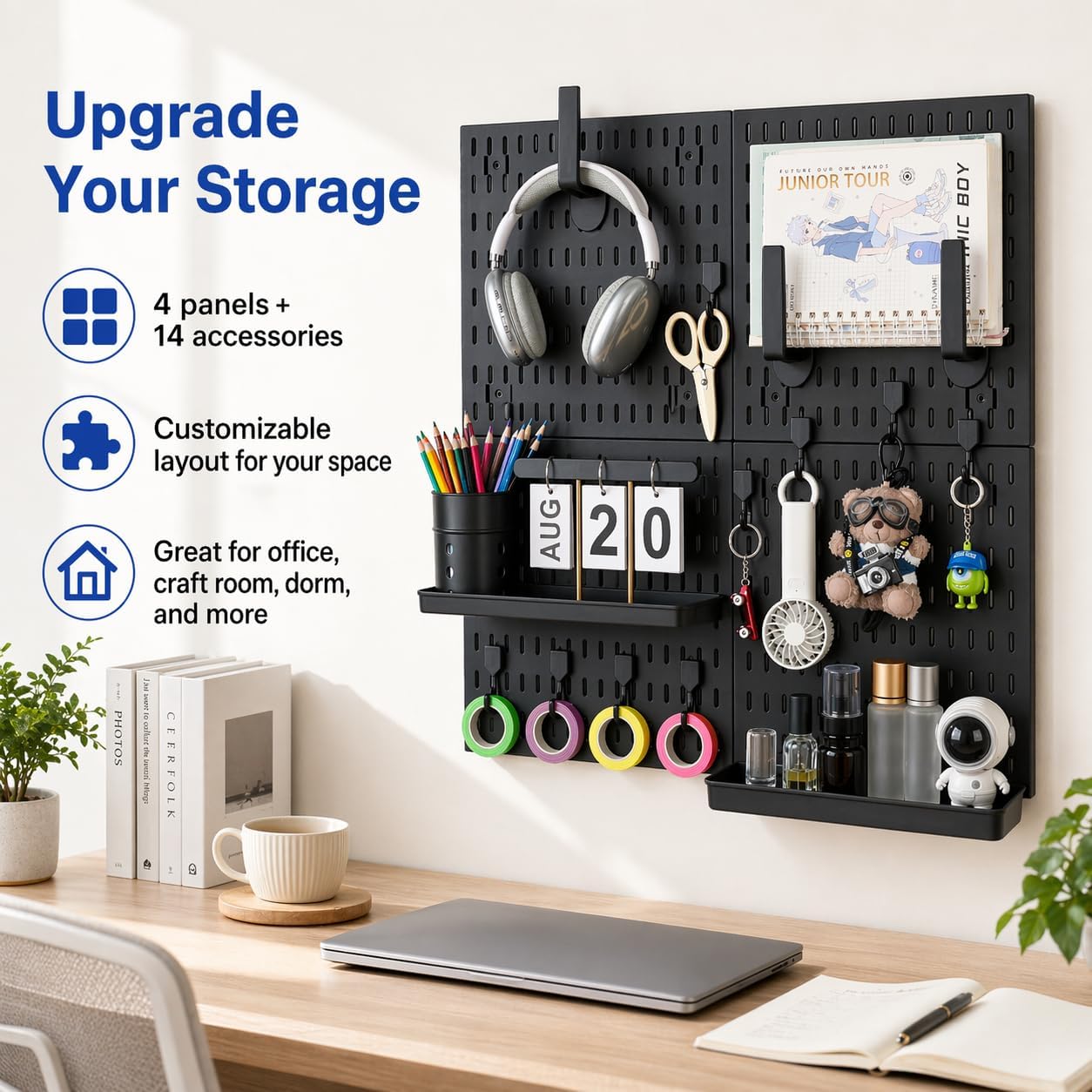 Pegboard Wall Organizer Kit – Heavy Duty 20lbs Load Bearing, Easy Installation, 4 Peg Board Panels 14 Accessories – Multi-Surface Use For Garage, Office, Kitchen & Crafts (White Pegboard,24″×24″)