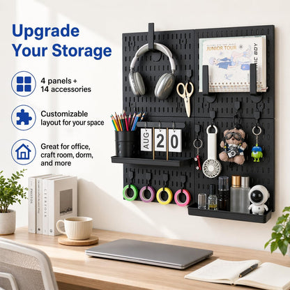 Pegboard Wall Organizer Kit – Heavy Duty 20lbs Load Bearing, Easy Installation, 4 Peg Board Panels 14 Accessories – Multi-Surface Use For Garage, Office, Kitchen & Crafts (White Pegboard,24″×24″)