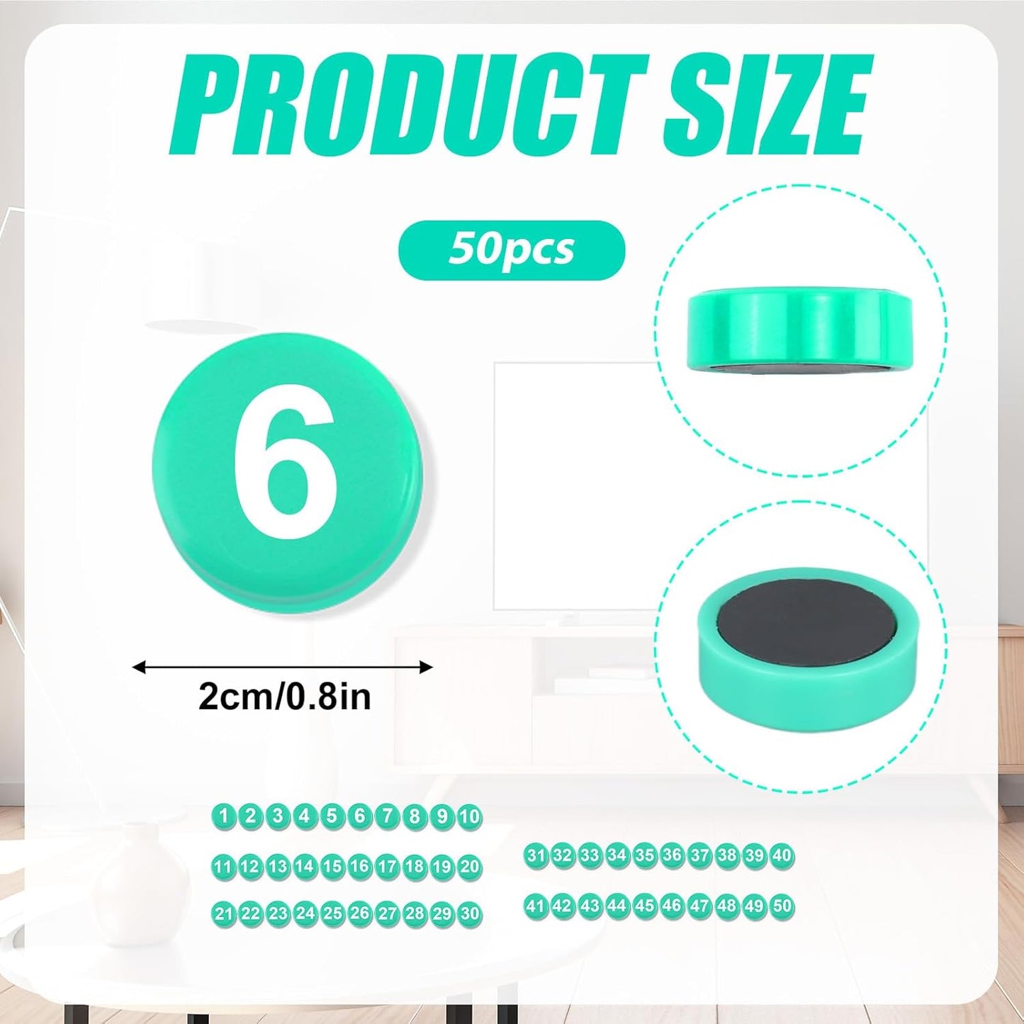1-50 Magnetic Numbers, 0.8" Multi-Use Numbered Magnets Round Dry Erase Board Number Magnets for Fridge Calendar Whiteboard Home Classroom Office Supplies (Green)