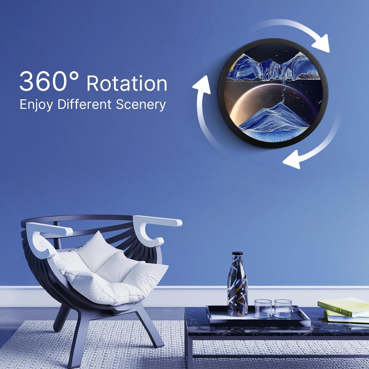 17.3" Moving Sand Art, 3D Sand Art Pictures Deep Sea Sandscape Living Room Decoration, 360° Rotate, Glass Crafts Solid Wood Frame, Relaxing Mood Home Office Work Wall Art Decor