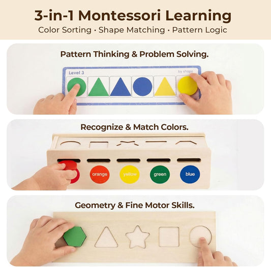 LovesTown 3-in-1 Wooden Shape Color Sorter Box with Logic Cards - Educational Matching Puzzle Game for Fine Motor Skills - Montessori Learning Gift for Toddlers
