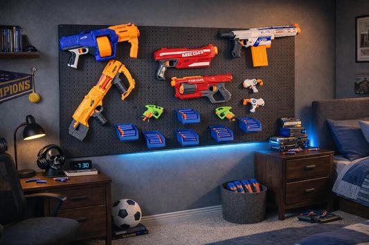 WallPeg Nerf Organizer Accessories – Pegboard Bins and Jumbo Peg Hooks Set – 6 Large Cobalt Blue Storage Bins & 20 Jumbo Peg Hooks – Nerf Storage System for Blasters, & Darts – Made in USA