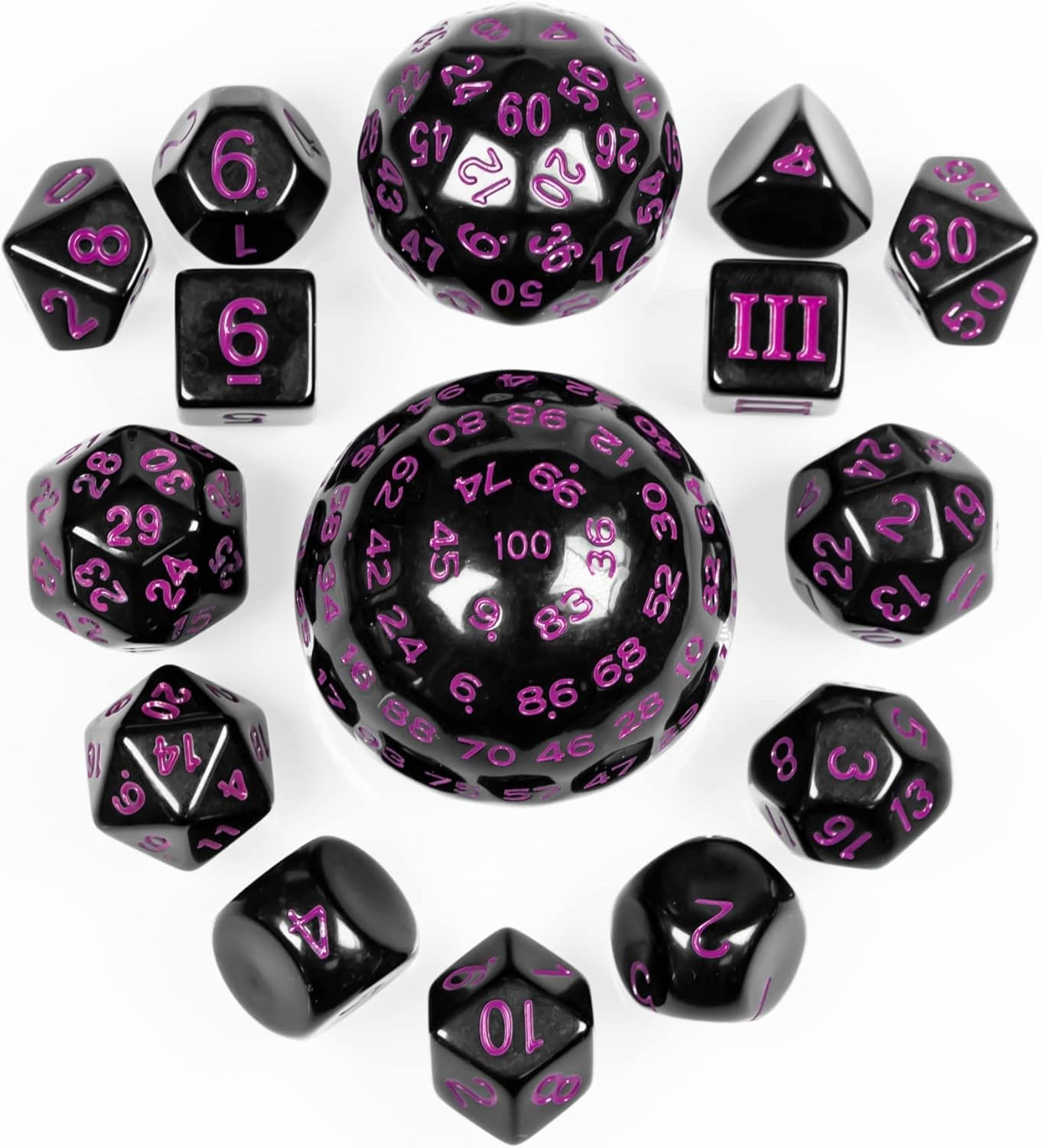 15 Pieces Complete Polyhedral DND Dice Set D3-D100 Spherical D&D Dice Set with Dragon Eye Dice Bag, D100 Dice for RPG Table Games(Black w/Purple Numbers)