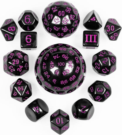 15 Pieces Complete Polyhedral DND Dice Set D3-D100 Spherical D&D Dice Set with Dragon Eye Dice Bag, D100 Dice for RPG Table Games(Black w/Purple Numbers)