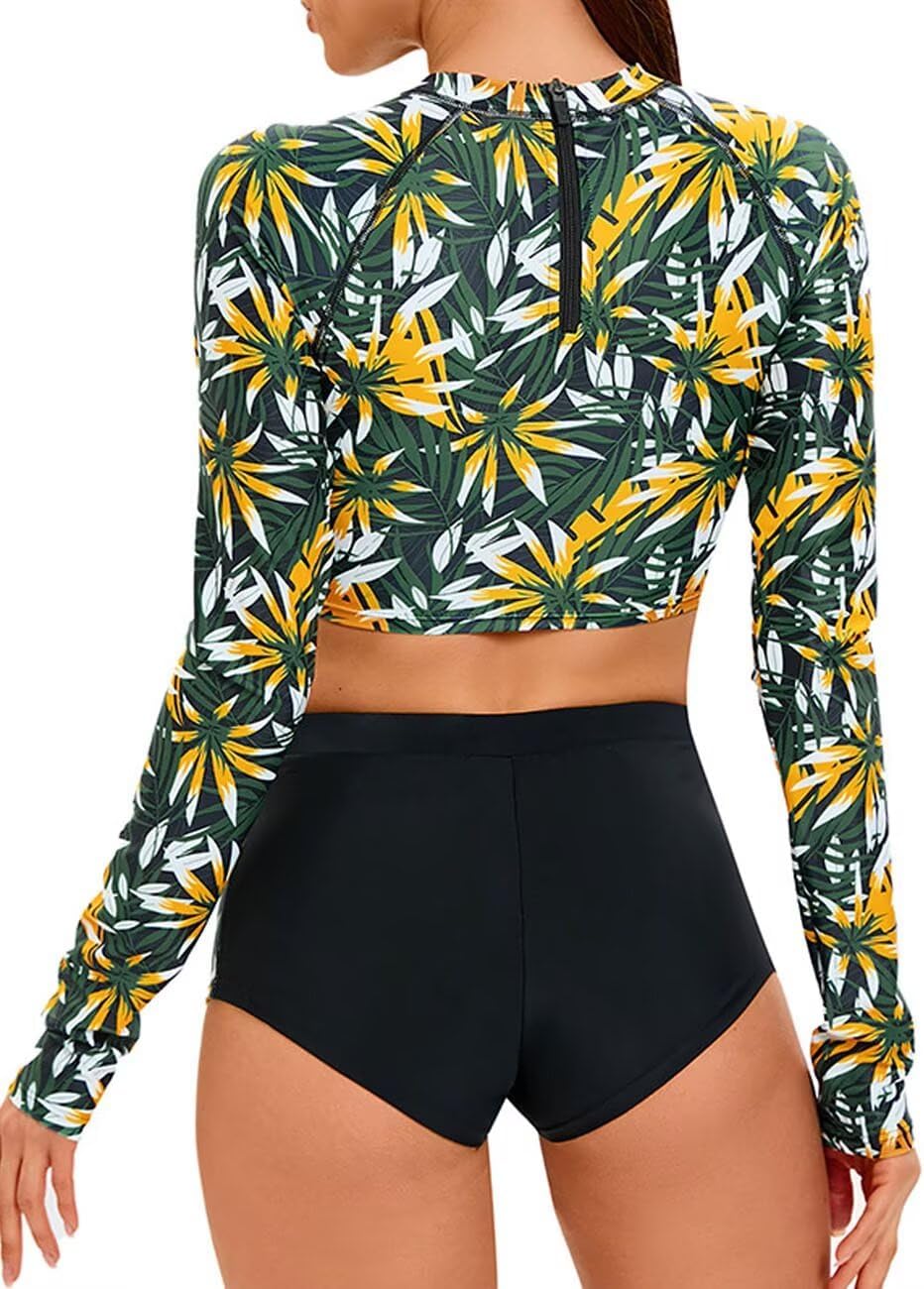 JadeRich Women's Fashion Pattern Long Sleeve Tankini Sets UPF 50+ Rash Guard Swimsuit Sun Block Swimwear