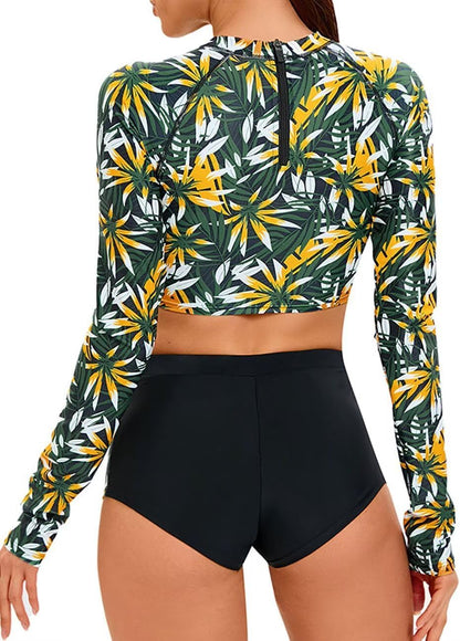 JadeRich Women's Fashion Pattern Long Sleeve Tankini Sets UPF 50+ Rash Guard Swimsuit Sun Block Swimwear