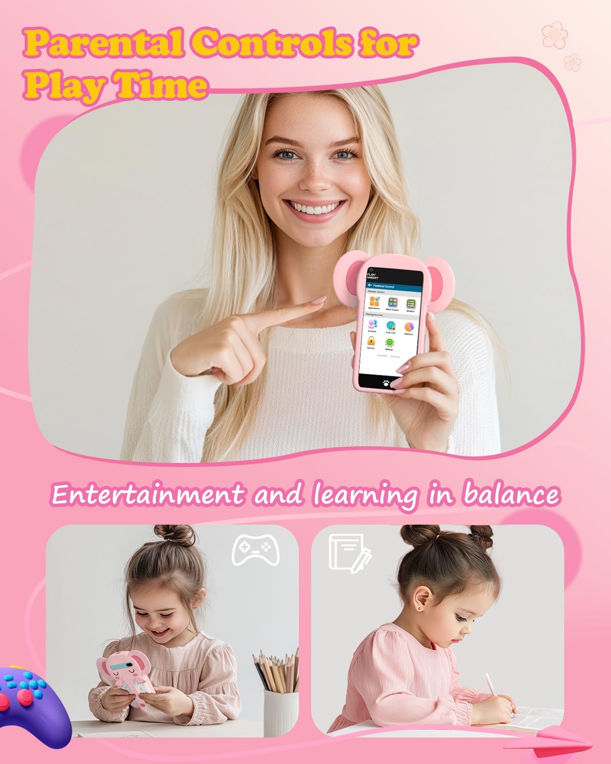 MOMILLA Kids Smart Phone Toys for Girls, 3.97” Touchscreen, Dual Cameras with Stickers, 200+ Games & 16GB Storage, Christmas Birthday Gifts for Kids Age 3-10, Educational Mini Toddler Play Phone Toy