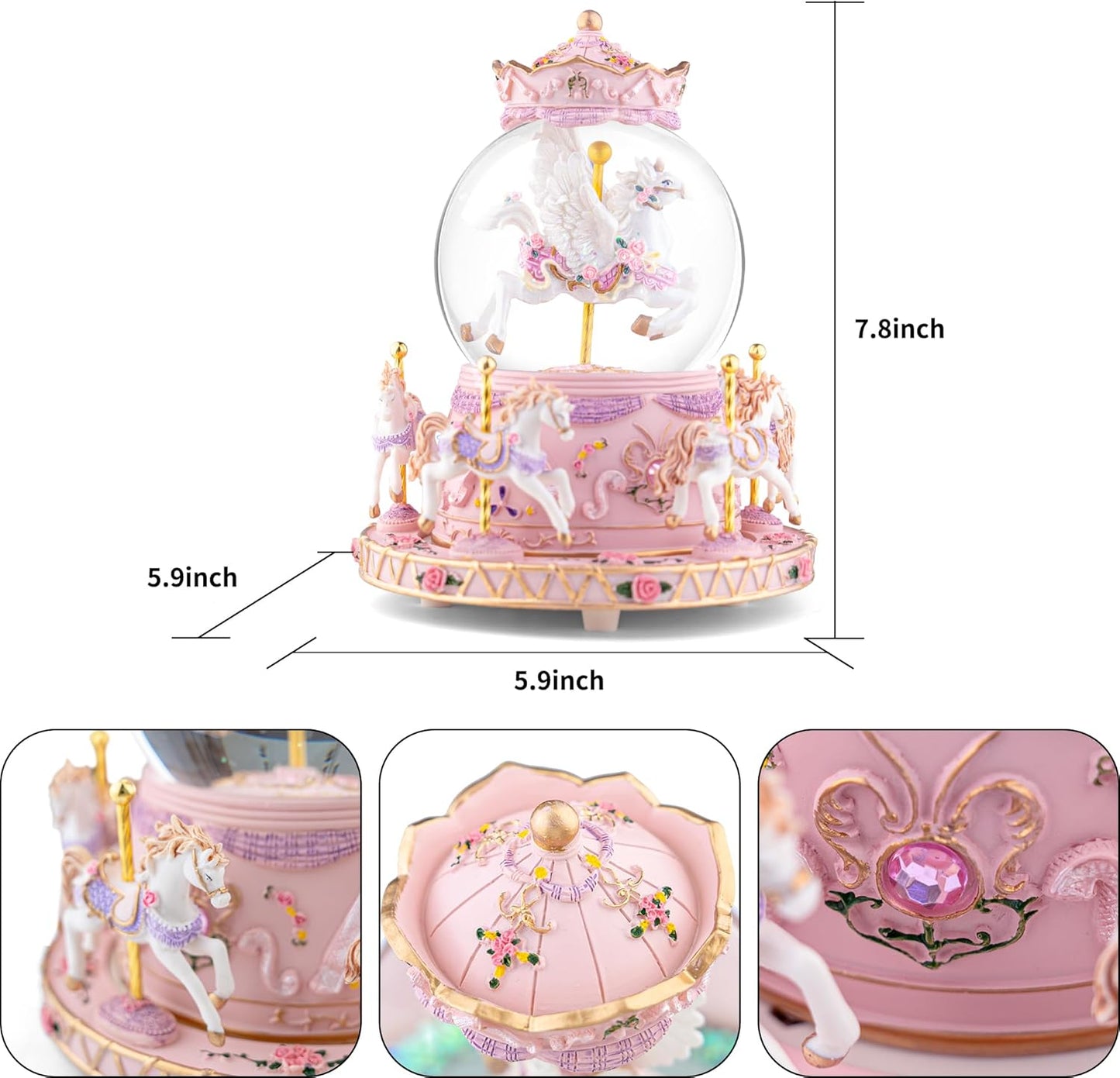 Magical Unicorn Snow Globe with “Somewhere Over the Rainbow” Music, Rotating Carousel Music Box, LED Lights & Glitter Snow, Perfect Birthday, Xmas, Valentine’s Gift, for Girls, Kids & Unicorn Lovers
