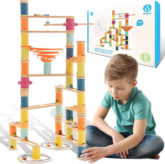 Bamboo Marble Runs Building Construction Toy Set with Musical Ball, 146pcs Simple Maze for Children Age 4+