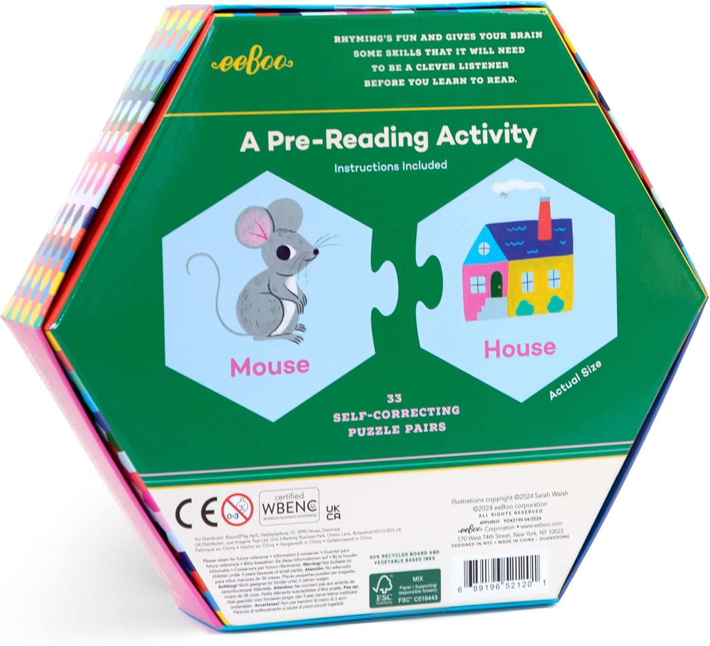 eeBoo Hexagon Puzzle Pairs - Rhyming Words, 33 Self-Correcting Pairs, Match Sounds to Images, Pre-Reading Activity for Preschool Kids Ages 3 and up