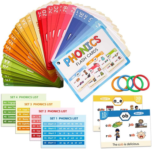 Lachilly Phonics Flash Cards Set, 20 Phonic Stages Cards, Learn to Read in CVC Blends Long Vowels DigraphsSounds for Kids 4-8, Kindergarten Primary School Learning Aids