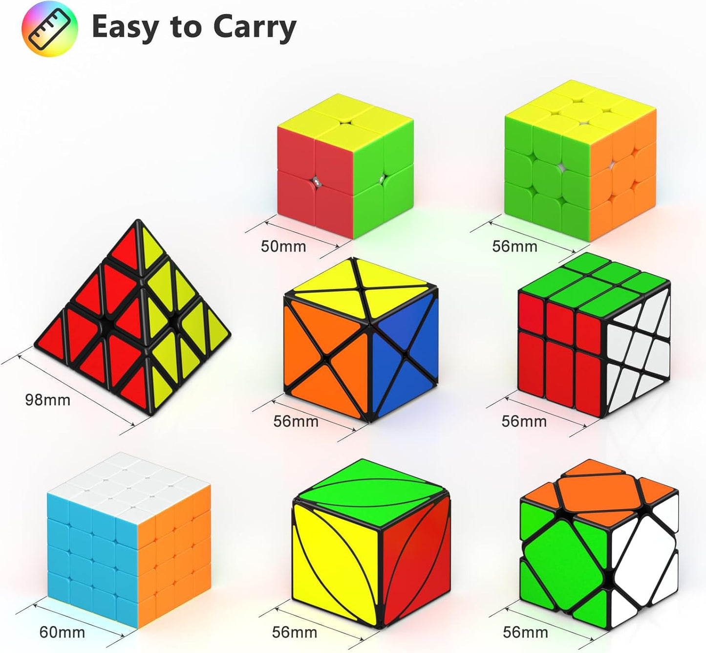 Vdealen Speed Cube Set, 7 Pack Puzzle Cube Bundle Fidget Ball 2x2 3x3 4x4 Pyramid Dodecahedron Rainbow Snake Magic Cube, Smooth Cube Game Toys Gift for Kids & Adults