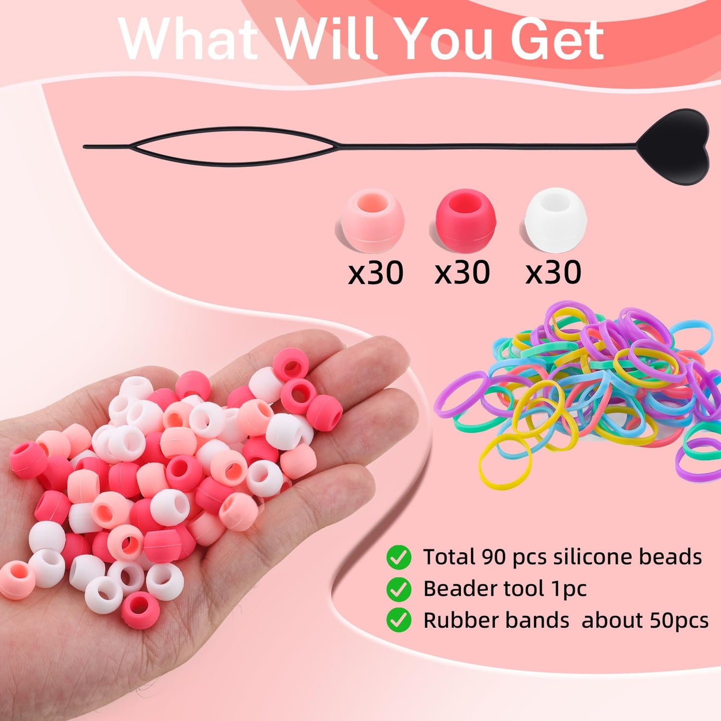 150Pcs 10mm Small Silicone Beads for Hair Braids, Soft Jellyish Pony Hair Beads with 5mm Hole + 50 Rubber Bands and 1 Beader for Braiding, DIY Bracelets Necklaces Crafts (Pink)