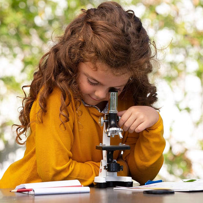 AMSCOPE-Kids 120X-1200X White Metal Arm Starter Kids Student Microscope Kit and Compact Refractor Telescope with Tripod - M30-ABS-KT2-W-TKVB1