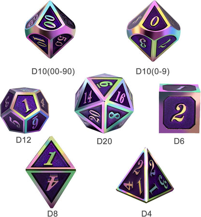 DnDnD Heavy Polyhedral Metal Dice Set with Metal Box, 7-die Shiny Blue Surface with Golden Number for RPG,Dungeons and Dragons,Pathfinder,Shadowrun,D&D,Role Palying Game and Math Teaching - Colors A