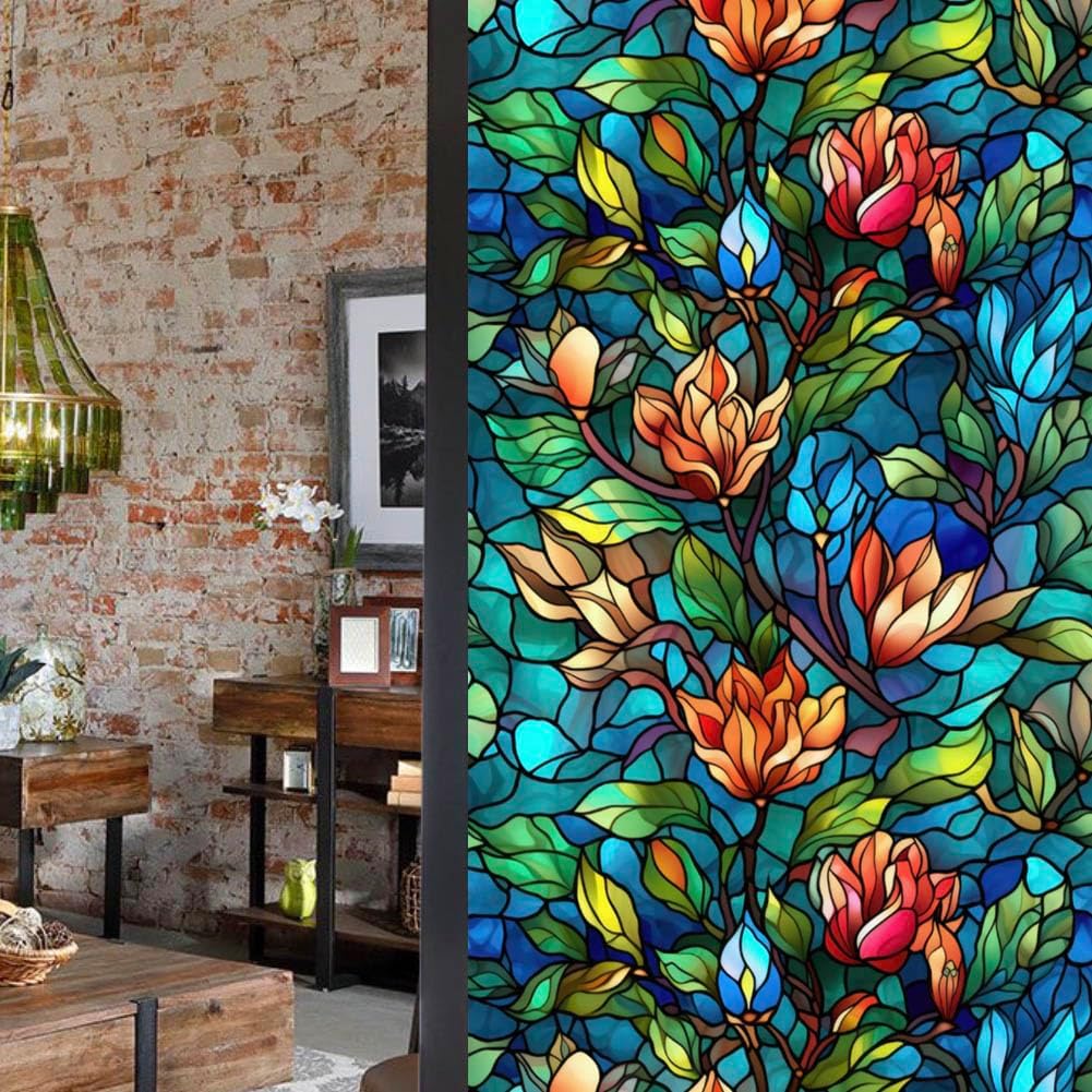 JOONOR Privacy Window Film Stained Glass Window Sticker Non-Adhesive Frosted Glass Film Decorative Magnolia Flower Pattern Static Cling Decals for Home UV Blocking/Heat Insulation 17.7 x 39.4 Inch