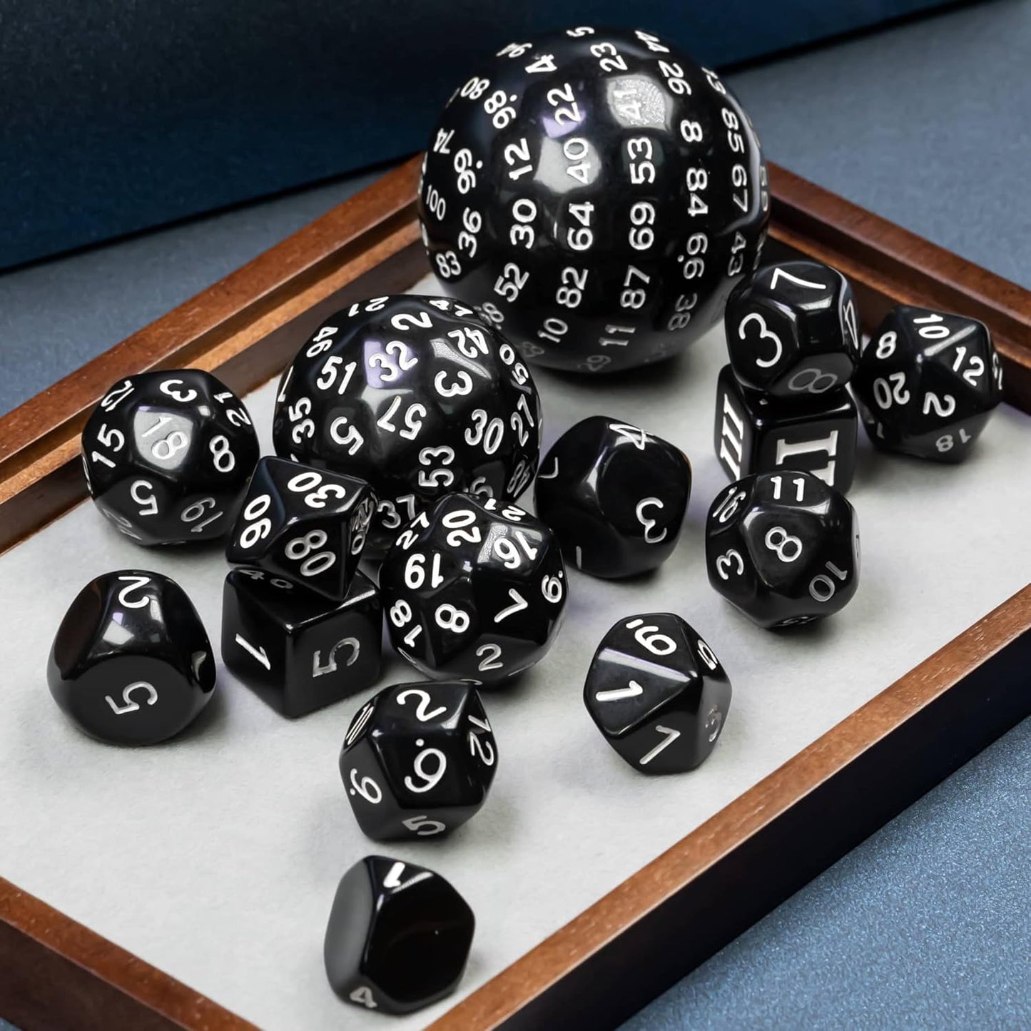 15 Pieces Complete Polyhedral DND Dice Set D3-D100 Spherical D&D Dice Set with Dragon Eye Dice Bag, D100 Dice for RPG Table Games(Black w/Purple Numbers)
