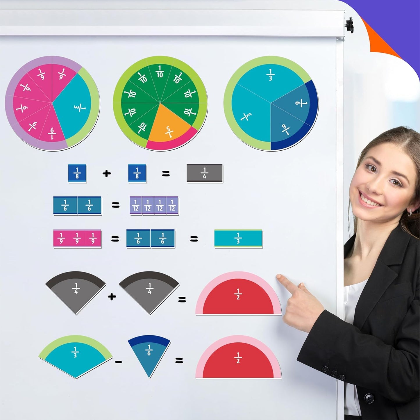 156 PCS Magnetic Fraction Tiles Circles, Educational Math Magnets Learning Manipulative Fraction Bars Set for Preschool Elementary School