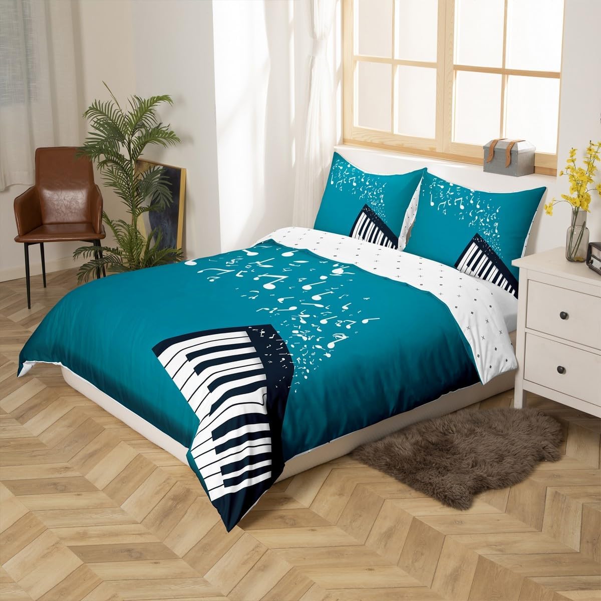 Drum Kit Comforter Cover Abstract Musical Instruments Bedding Set for Kids Boys Teens,Pop Music Duvet Cover Modern Rock Quilt Cover, Teal Laser Light Bedroom Decor Twin Size Blue Green Black